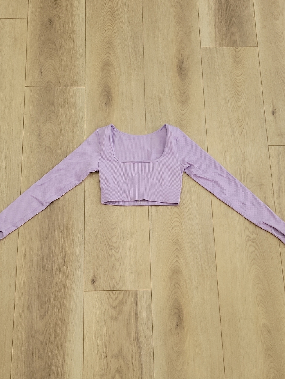 Square-Neck Lavender Ribbed Long-Sleeve Crop Top - Women